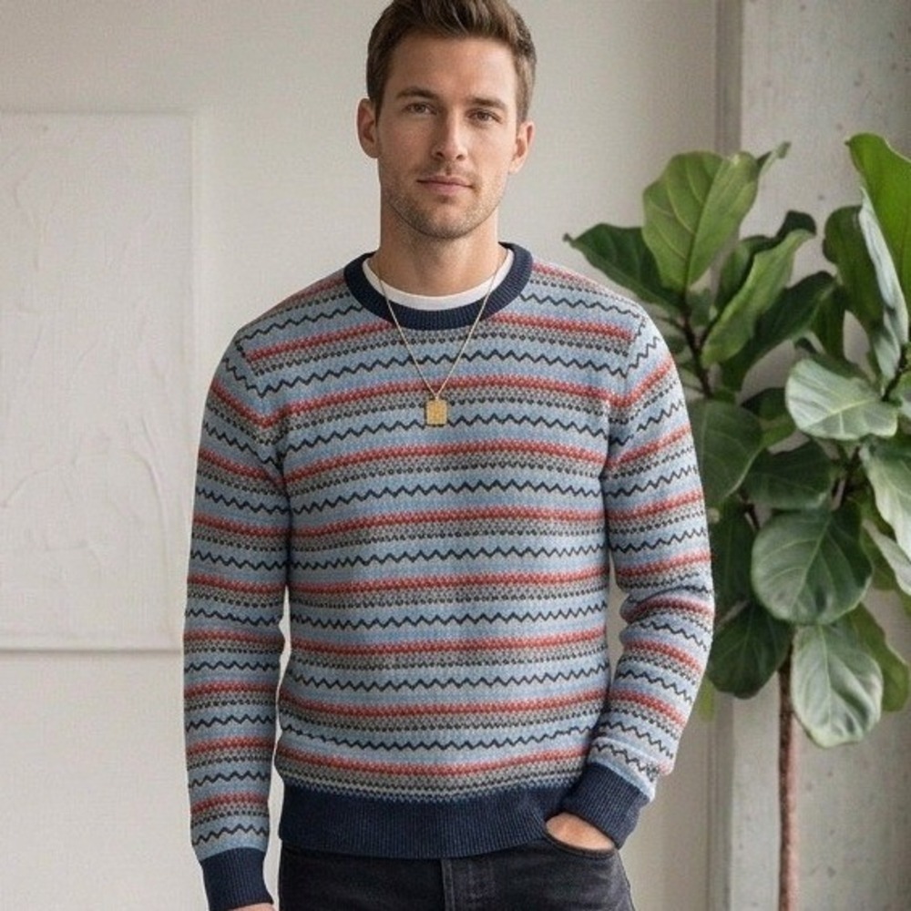 14th & Union Mens Fair Isle Crew Neck Sweater Blue Red Geometric Knit Cosby L